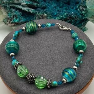 🩵REFINED Turquoise Apatite Lampwork Glass Sterling Bracelet🩵